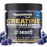 Happyummmm Creatine Gummy bottle front shows vegan, gluten-free label in a 120 count package.