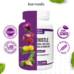 HARMONIFY detox capsules close-up emphasizing a two-capsule daily serving.
