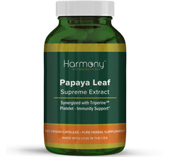 Harmony Nutraceuticals Papaya Leaf Supreme Extract bottle with vegan capsules for daily immune support.