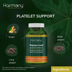 Harmony Nutraceuticals Papaya Leaf Supreme Extract capsules close-up showing smooth vegan shells for easy daily use.