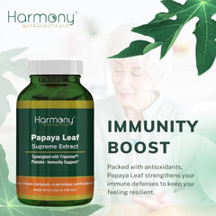 Harmony Nutraceuticals Papaya Leaf Supreme Extract label detailing purity, Kosher and Halal compliance.
