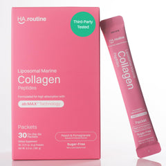 Haroutine liposomal marine collagen packets in peach-pomegranate sachet for on-the-go beauty support