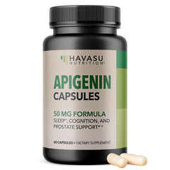 HAVASU Apigenin 50mg bottle shown for a calm evening routine.
