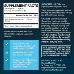 HAVASU DHEA 50mg capsules closeup highlights convenient 50mg dose per capsule.