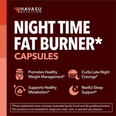 Havasu Night Time Fat Burner label closeup highlighting ingredients and benefits
