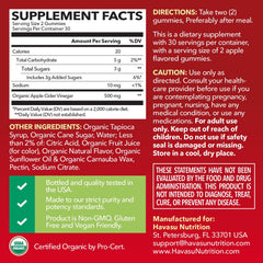 HAVASU Nutrition ACV Gummies jar label highlights vegan, non-GMO, gluten-free attributes