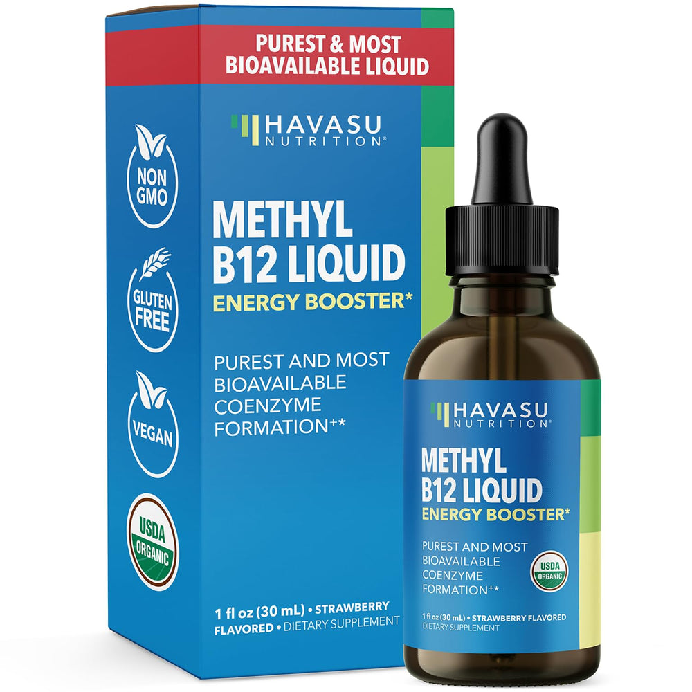 HAVASU NUTRITION B12 liquid drops bottle closeup showing strawberry flavor for easy daily support.