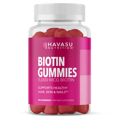 HAVASU NUTRITION Biotin Gummies strawberry flavor support for hair, skin, and nails.