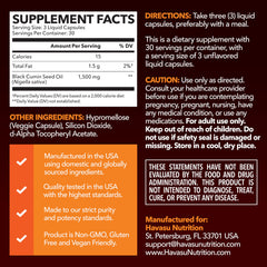 HAVASU NUTRITION Cold Pressed Black Seed Oil Capsules close-up of softgels for daily immune and digestive support.