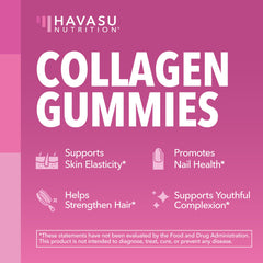 HAVASU Nutrition Collagen Gummies label closeup highlighting ingredients and quality.