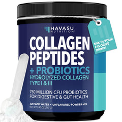 HAVASU Nutrition Collagen Peptides bottle on counter highlighting unflavored, versatile use