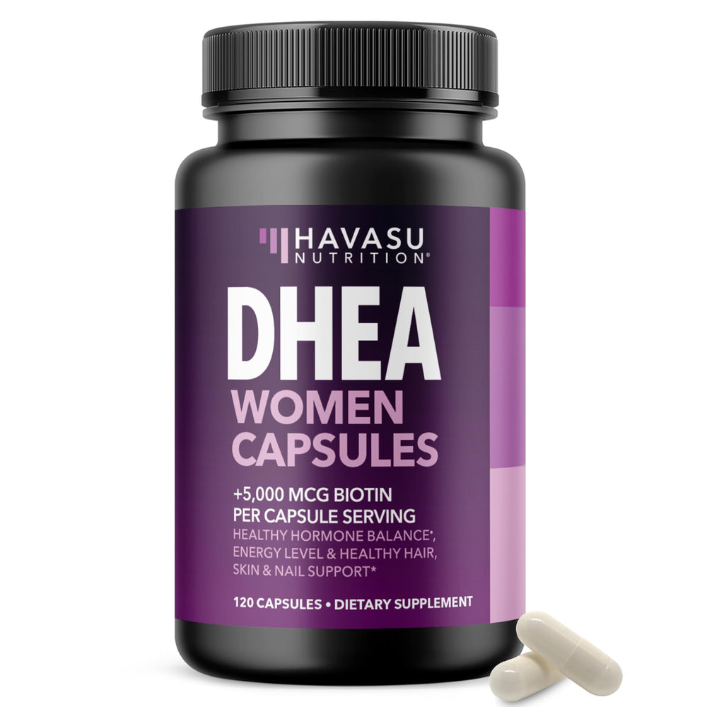 Havasu Nutrition DHEA Biotin capsule bottle for daily hormone balance and beauty support.