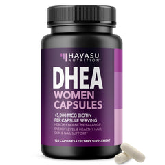 Havasu Nutrition DHEA Biotin capsule bottle for daily hormone balance and beauty support.