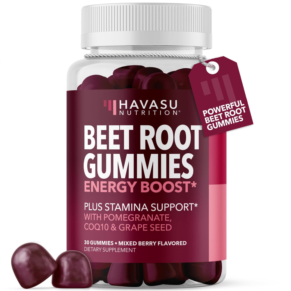 Gomitas Havasu Nutrition de remolacha con COQ10 y granada, embalaje elegante para energía sostenida