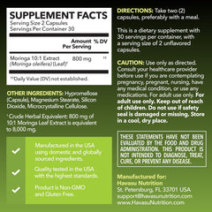 HAVASU NUTRITION Moringa Capsules capsules close-up shows potency and easy two-capsule serving.