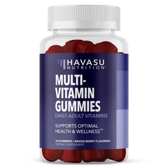 HAVASU Nutrition multivitamin gummies bottle front shows essential nutrients for daily wellness.
