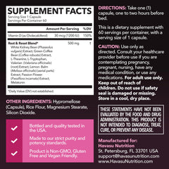Closeup of HAVASU NUTRITION Night Time Fat Burner capsules showing vegan, non-GMO formula
