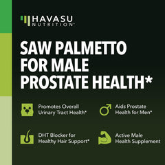 HAVASU NUTRITION Saw Palmetto 500mg per serving highlights strong prostate support.