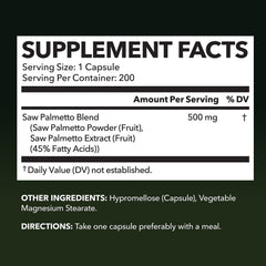 HAVASU NUTRITION Saw Palmetto bottle back details 500 mg per serving and vegan, non-GMO formula.