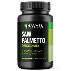 HAVASU NUTRITION Saw Palmetto bottle front shows daily prostate support in vegan capsules.