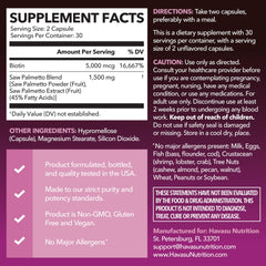 HAVASU Nutrition Saw Palmetto bottle pour demonstrates daily intake for consistent hair health
