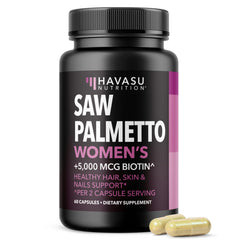 HAVASU Nutrition Saw Palmetto bottle shows 60 vegan capsules for hair and skin support