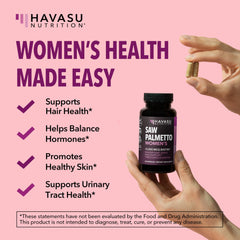 HAVASU Nutrition Saw Palmetto capsules offer convenient daily use for hair vitality and skin nourishment