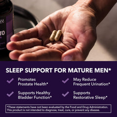 HAVASU Saw Palmetto PM bottle and capsules on nightstand for sleep and prostate routine.
