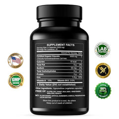 Close-up of sealed HCL chlorella bottle highlighting purity
