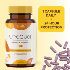 Close-up of Heale UroQuel capsules highlighting cranberry blend and easy swallow.