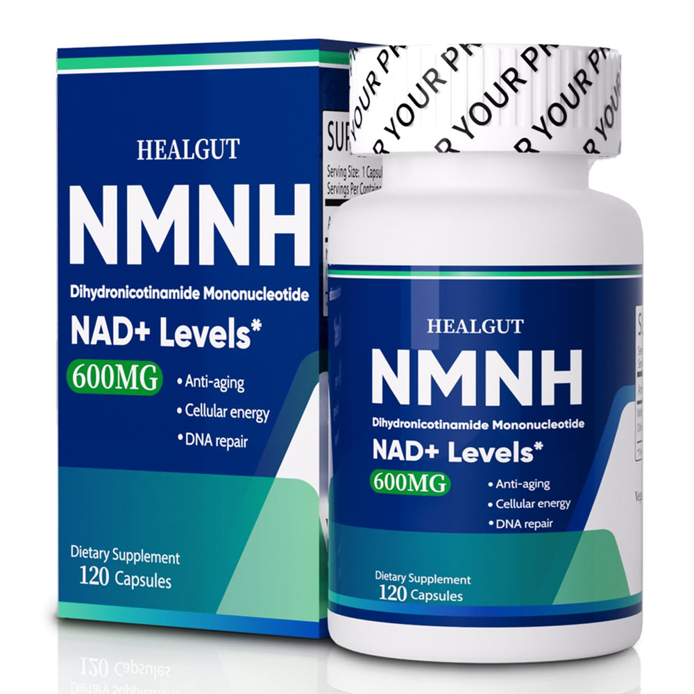 HealGut NMNH bottle front showcasing anti-aging support packaging.