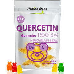 HEALING DROPS Quercetin with Bromelain gummies bottle front highlighting 500 mg quercetin per serving for daily use