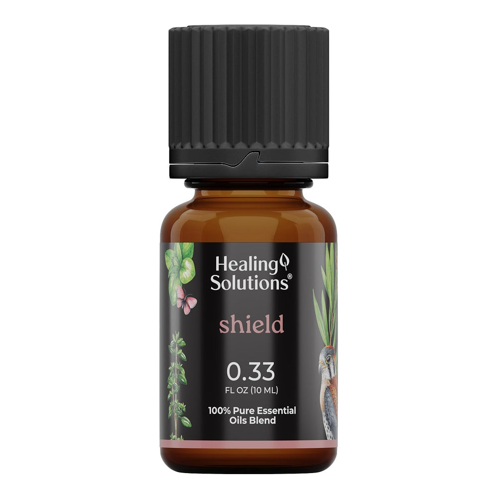 Healing Solutions Mezcla Escudo: frasco ámbar, ideal para difusor en casa.