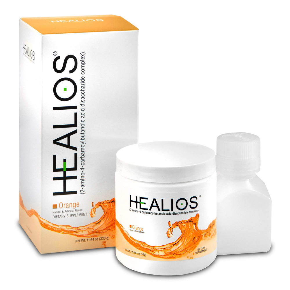Healios orange flavor powder container for convenient daily oral care.
