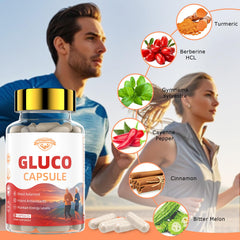 Healliance Gluco Blood Balance capsules close-up showing easy-to-swallow form for daily use