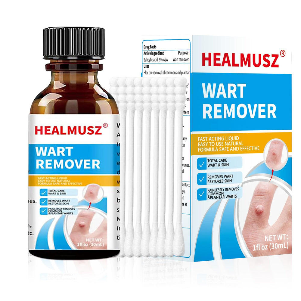 HEALMUSZ Wart Remover bottle being poured for precise application.