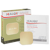 Healqu hidrocoloide 4x4 delgado en caja, ideal para heridas superficiales y protección.