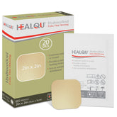 Healqu hydrocolloid wound dressing 2x2-inch box front, sterile packaging for clean wounds