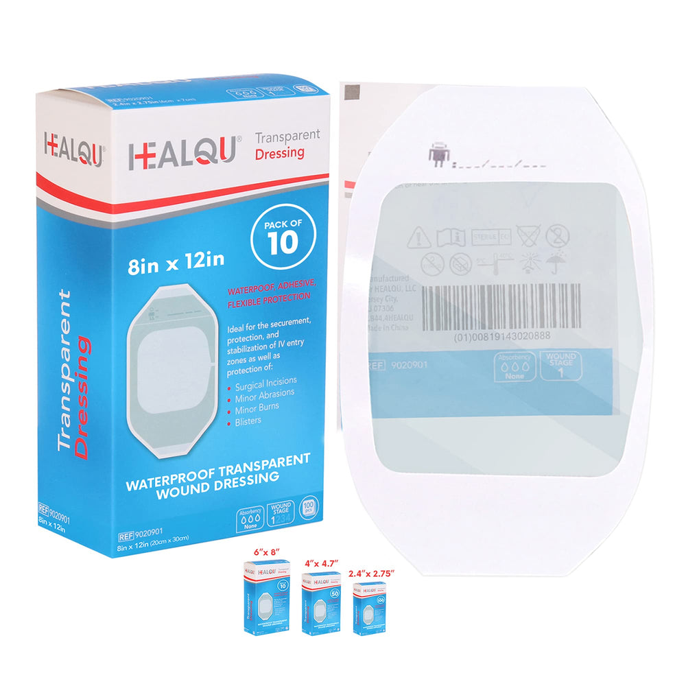 Healqu transparent film dressing 8x12 pack protects wounds with clear, flexible coverage.