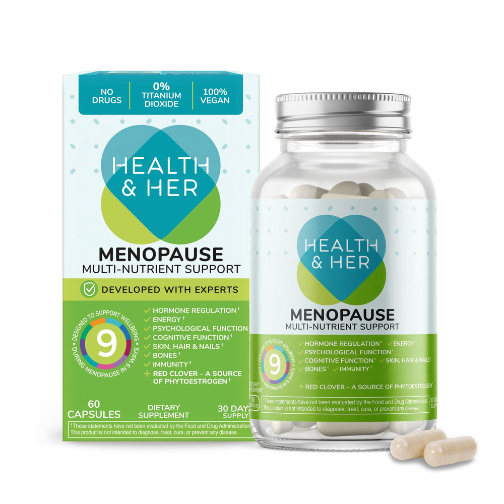 Health & Her menopause bottle front view with branding and daily-use potential.