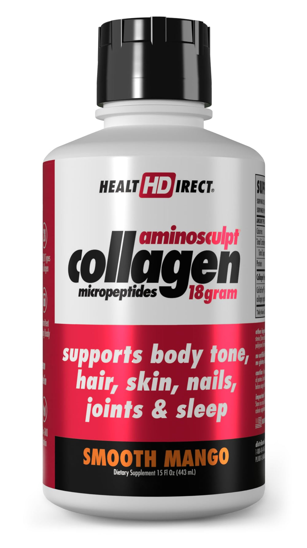Health Direct AminoSculpt mango liquid collagen bottle shows high-potency formula for daily use
