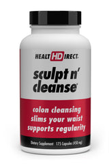 Health Direct Sculpt n' Cleanse capsules demonstrating easy, vegetarian detox supports regularity.