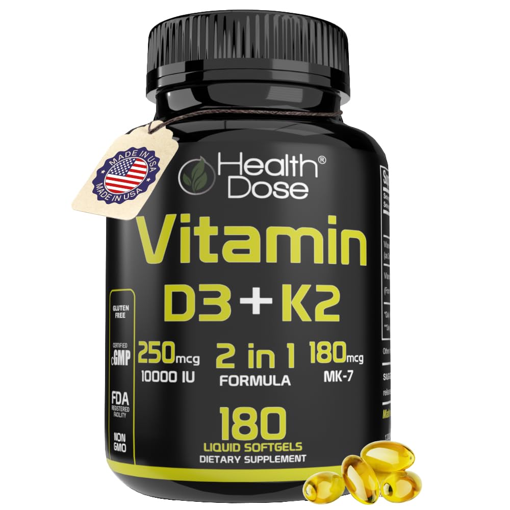 Health Dose Vitamin D3 10,000 IU + K2 softgel bottle for daily support.