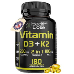 Health Dose Vitamin D3 10,000 IU + K2 softgel bottle for daily support.