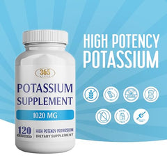 Close-up of HEALTH LFE 365 Health Potassium capsules highlights 1020 mg per serving.