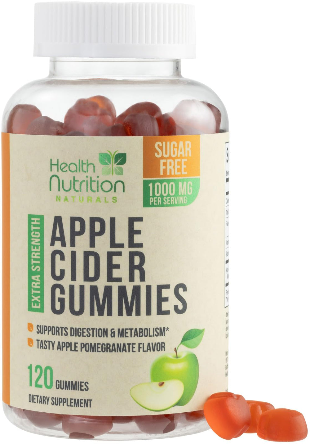 Health Nutrition Naturals Apple Cider Vinegar Gummies bottle on a kitchen counter for easy daily wellness.