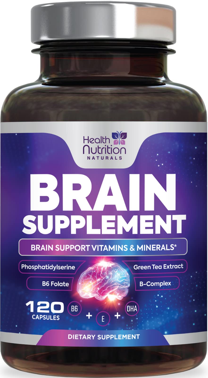 Health Nutrition Naturals brain supplement bottle highlighting memory and focus support.