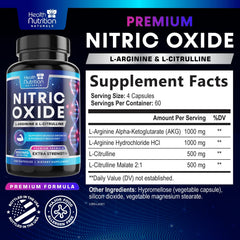 Health Nutrition Naturals Extra Strength Nitric Oxide Booster bottle label close-up showing ingredients for clarity