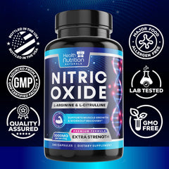 Health Nutrition Naturals Extra Strength Nitric Oxide Booster capsules being poured for workouts
