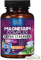 Health Nutrition Naturals Magnesium Complex 500mg bottle close-up for high absorption.